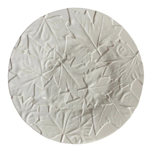 Bordallo Pinheiro Majolica White Embossed Maple Leaf Serving Plate Autumn Harvest Table Decor For Sale