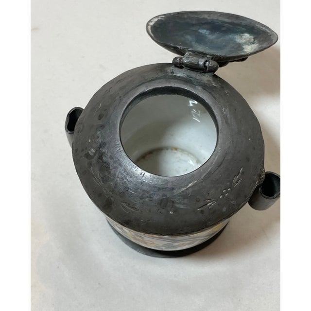 Rare Antique 18th Century French Pewter Porcelain Writing Inkwell Jar Stand For Sale - Image 9 of 11