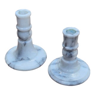 Vintage Mid-Century White & Gray Marble Taper Candlesticks - Pair For Sale