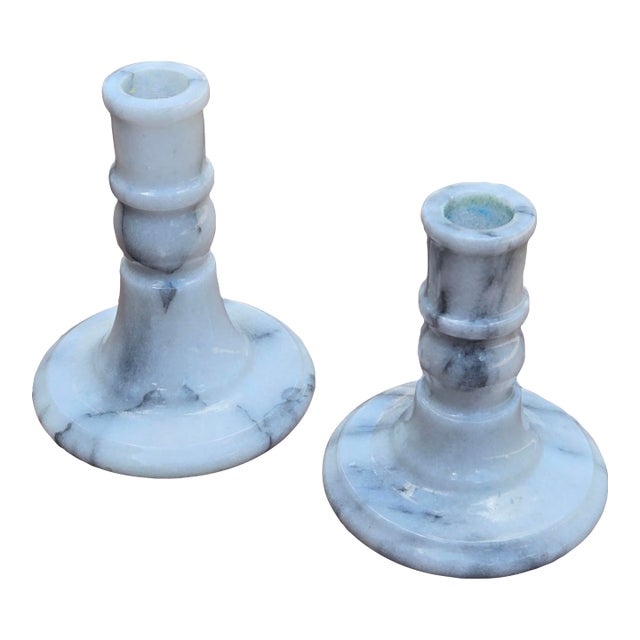 Vintage Mid-Century White & Gray Marble Taper Candlesticks - Pair For Sale