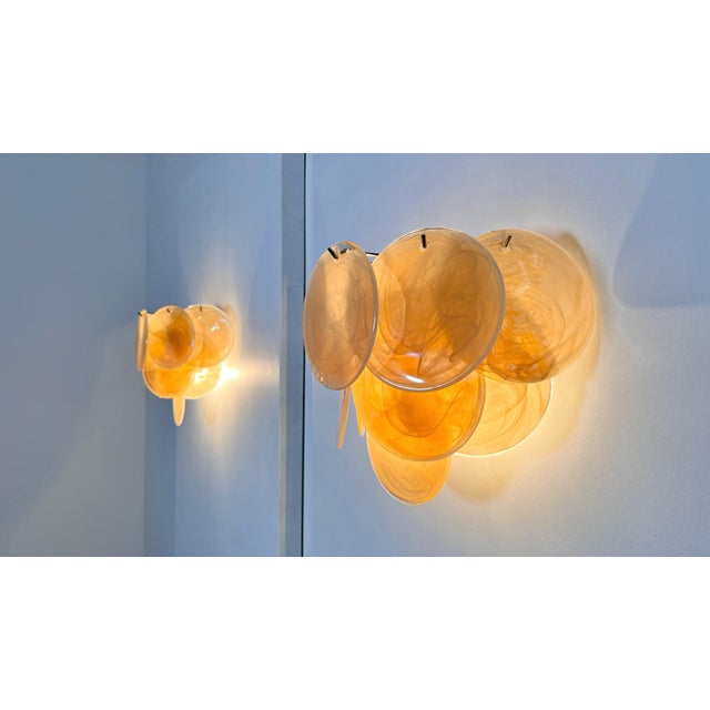 Iridescent Alabaster Gold Disc Glass Wall Sconces, 1990s, Set of 2 For Sale - Image 12 of 18