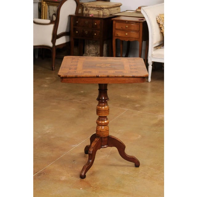 Italian 19th Century Center Table with Marquetry Décor and Turned Pedestal For Sale - Image 9 of 12