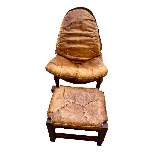 Brutalist Brazilian Chair and Hocker in Patched Leather, 1960s, Set of 2 For Sale