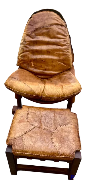 Brutalist Brazilian Chair and Hocker in Patched Leather, 1960s, Set of 2