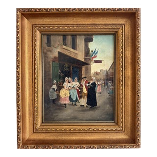 Antique 19th Century French Oil Painting Genre Scene Figures Village Tavern Art For Sale