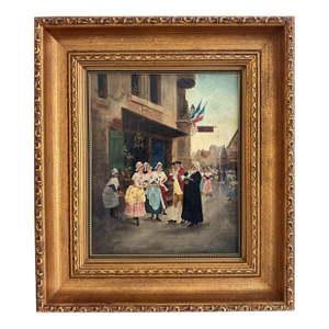 Antique 19th Century French Oil Painting Genre Scene Figures Village Tavern Art