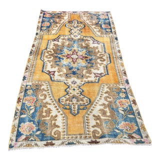 Vintage Turkish Floral Handknotted Oushak Rug - 3′8″ × 6′11″ For Sale