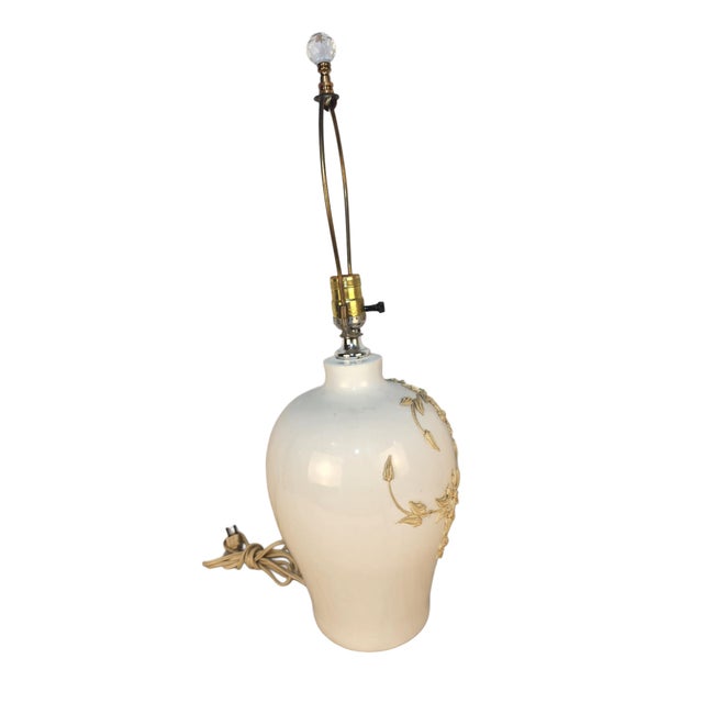 Chinoiserie Vintage Cream Chinoiserie Ceramic Lamp With Raised Floral Detailing For Sale - Image 3 of 10