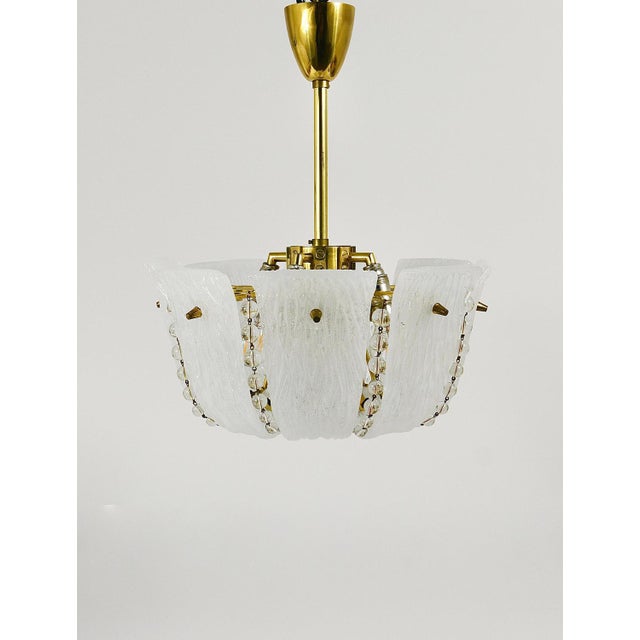 Metal Petite Curved Basket Chandelier in Brass & Glass attributed to J. T. Kalmar for Kalmar, Austria, 1950s For Sale - Image 7 of 18
