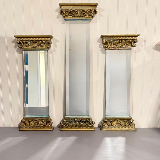 Vintage Architectural Column Wall Mirrors Set of 3 Gold Gilt Beveled Hollywood Regency For Sale - Image 4 of 15