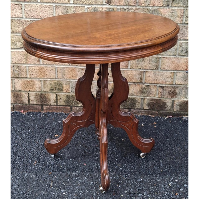 Late 19th Century Late 19th Century Victorian Rococo Style Carved Walnut Oval Rolling Side Table For Sale - Image 5 of 8