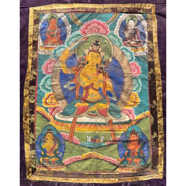 Gold Antique 19th Century Tibetan Manjushri Thangka – Bodhisattva of Wisdom in Custom Silver Gilt Frame For Sale - Image 8 of 18