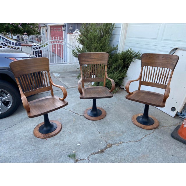 Antique Oak Courtroom Juror Chairs Set of 3 Cast Iron Base Early 1900s For Sale - Image 12 of 18