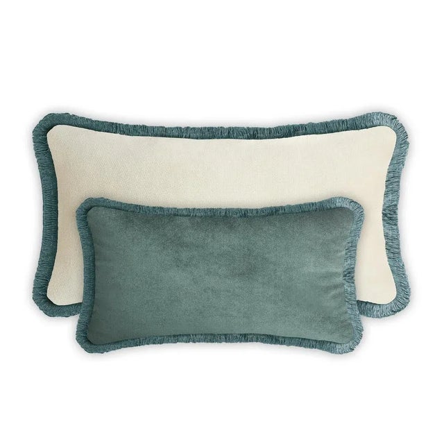 Couple Happy Pillow in Green and White Velvet with Fringes from Lo Decor, Set of 2 For Sale - Image 3 of 9