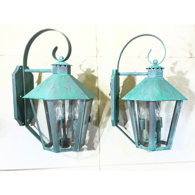 Vintage Solid Copper & Brass Outdoor Lantern Sconces / 18”h X 11”w X 12”d For Sale - Image 10 of 18
