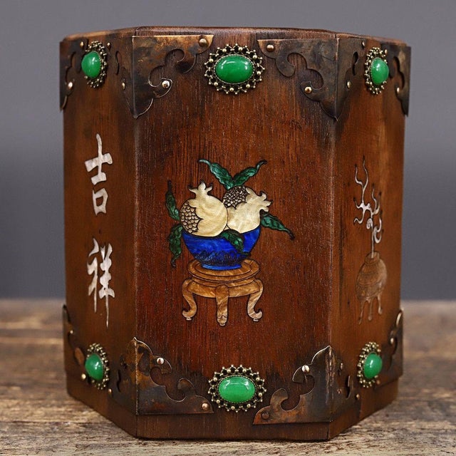 Rosewood Hexagonal Brush Pot With Mother of Pearl Inlay & Gemstone Accents – "Fu Gui" Motif For Sale - Image 9 of 9