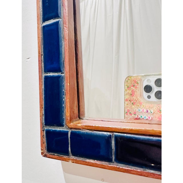 Mid-Century Modern Vintage Danish Teak & Lapis Blue Tile Wall Mirror C 1960s For Sale - Image 3 of 4
