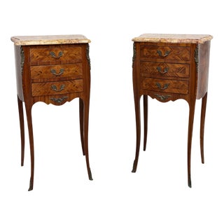 Louis XV Style Bedside Tables with Marble Tops, 1920s, Set of 2 For Sale