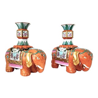 Candle Holders Candlesticks Elephants Tobacco Leaf Pair For Sale
