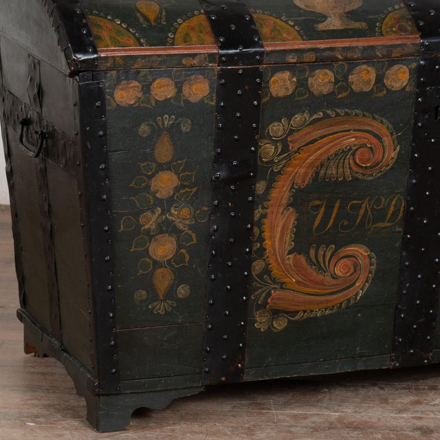 Green Original Green Painted Swedish Dome Top Trunk Dated 1853 For Sale - Image 8 of 13