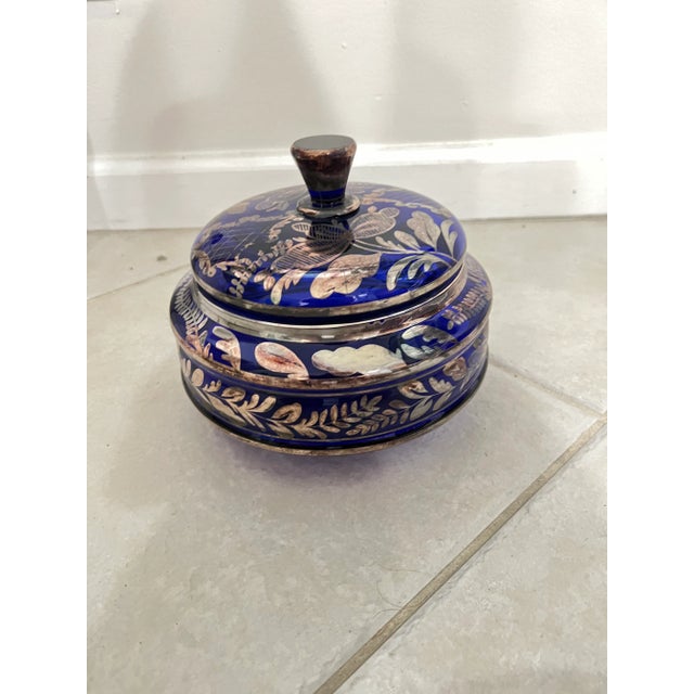 Metal Early 20th Century Blue Glass & Silver Floral Overlay Bowl With Lid For Sale - Image 7 of 7
