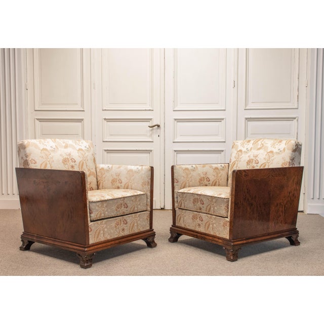Vintage Swedish Grace Club Chairs with Tiger Wooden Side Panels and Jacquard, 1930s, Set of 2 For Sale - Image 3 of 14