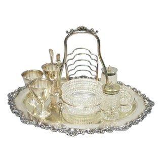 Antique Victorian Silver Plated Footed Cut Glass Breakfast Set Toast Rack W Tray For Sale