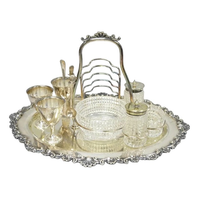 Antique Victorian Silver Plated Footed Cut Glass Breakfast Set Toast Rack W Tray For Sale