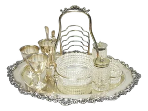 Antique Victorian Silver Plated Footed Cut Glass Breakfast Set Toast Rack W Tray