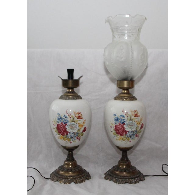 1950s Opaline Frosted Glass Lampshade with Floral Decor Lamps, 1950s, Set of 2 For Sale - Image 5 of 18