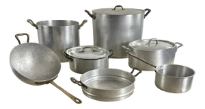Mid-Century Aluminum and Copper Cooking Pots, 1930s, Set of 7