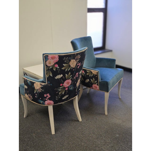 Twin Blue Velvet Floral/Peacock Accent Chairs For Sale In Detroit - Image 6 of 8