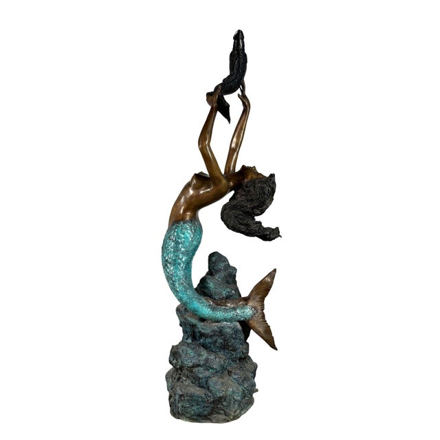 Large Bronze Mermaid and Fish Fountain Sculpture - 62"h For Sale In Dallas - Image 6 of 9
