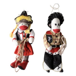 Vintage Cowboy and Cowgirl Sock Monkey Ornaments Pair For Sale