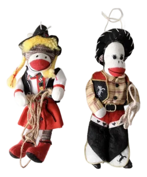 Vintage Cowboy and Cowgirl Sock Monkey Ornaments Pair