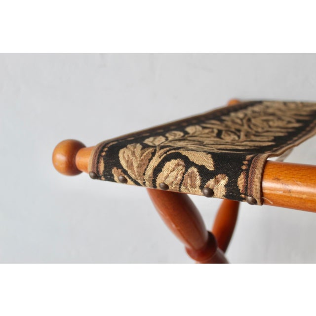 Vintage French Beechwood and Tapestry Folding Luggage Rack Nailhead Detail For Sale - Image 16 of 18