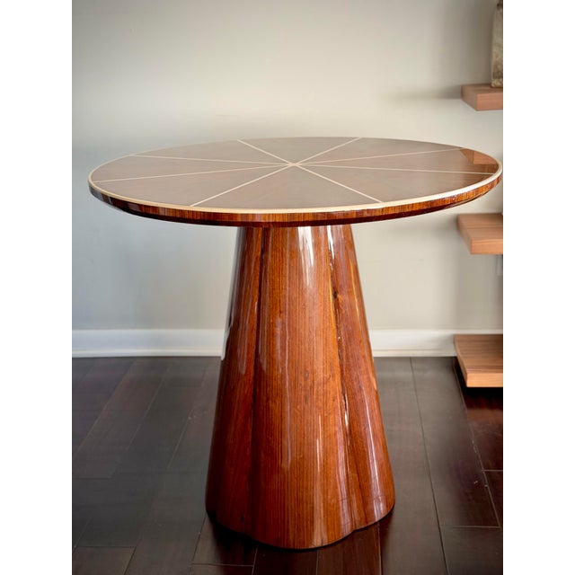 Made Goods Made Goods Novak Entryway Table in Teak Gloss and Faux Bone Inlay Mid-Century Style Round Pedestal Entry Table For Sale - Image 4 of 12
