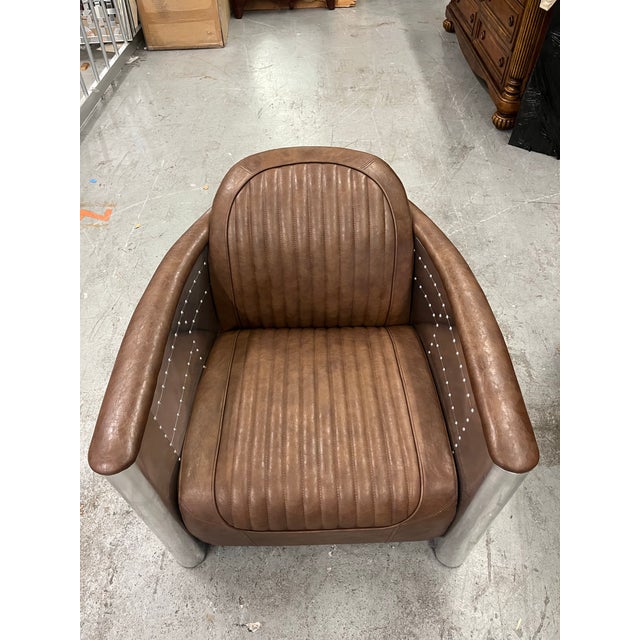 2020s New Pacific Direct Brown Leather & Aluminum “Easton” Aviator Lounge Chair For Sale - Image 5 of 10