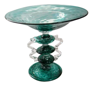 Vintage Hand Blown Venetian Pedestal Quilted Teal Compote