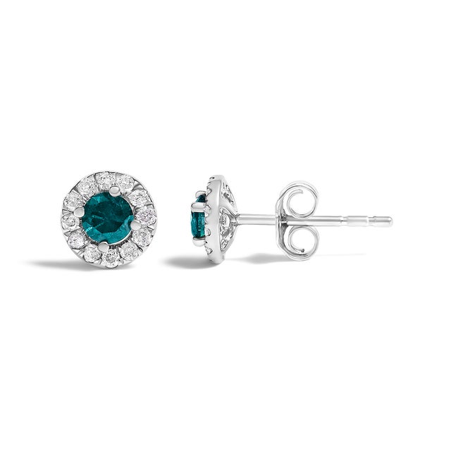 Haus of Brilliance .925 Sterling Silver 1/2 Cttw Blue Diamond Halo Stud Earrings, Pair For Sale - Image 4 of 4