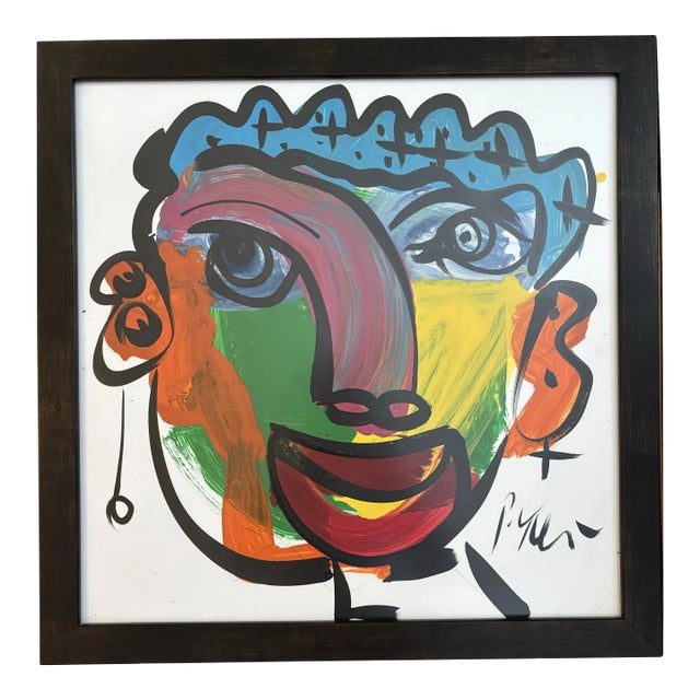 Peter Keil Abstract Portrait Painting With Earrings and Short Hair, Framed For Sale