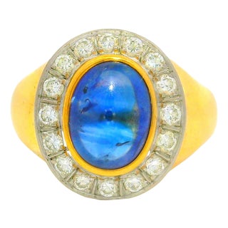 3.00 Carat Blue Sapphire Diamond 18k Gold Bezel Halo Ring, Size 9 For Sale