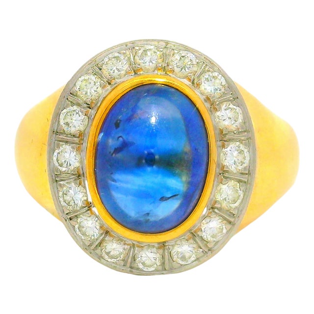 3.00 Carat Blue Sapphire Diamond 18k Gold Bezel Halo Ring, Size 9 For Sale