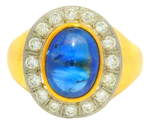 3.00 Carat Blue Sapphire Diamond 18k Gold Bezel Halo Ring, Size 9