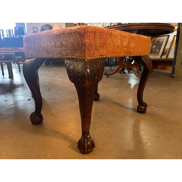 18th Century Antique George II Upholstered Bench in the Chippendale Style, Resting on Boldly Carved Ball and Claw Feet and Knee Decoration For Sale - Image 5 of 9