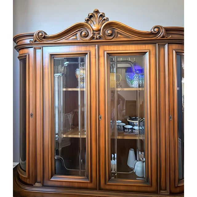 Baroque Vintage Italian Provincial Baroque Style Floral Marquetry Curved Glass China Cabinet For Sale - Image 3 of 12