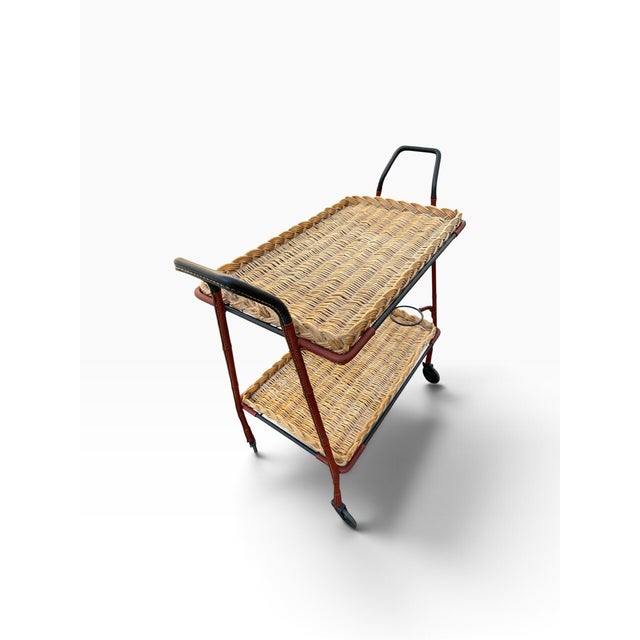 Black Stitched Leather and Rattan Bar Cart by Jacques Adnet, 1950s For Sale - Image 8 of 14