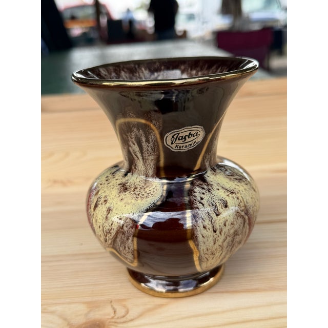 A Vintage Jasba Keramik Vase With a Brown and Cream Glaze and Gold Rim. For Sale In Jacksonville, FL - Image 6 of 8