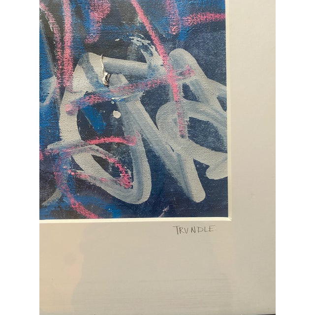 Graffiti inspired gestural abstract composition in acrylic and paint stick on un-stretched canvas, matted to 14 x 11 and...