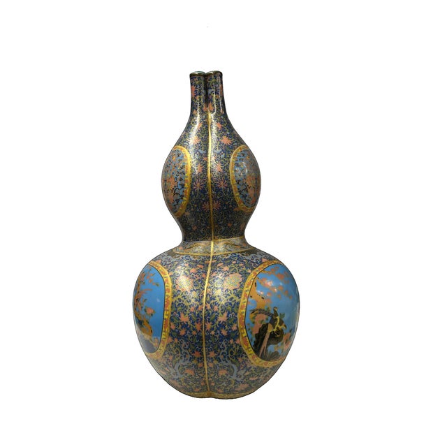 Oriental Purple Blue Gourd Shape Floral Graphic Porcelain Art Vase For Sale - Image 10 of 18